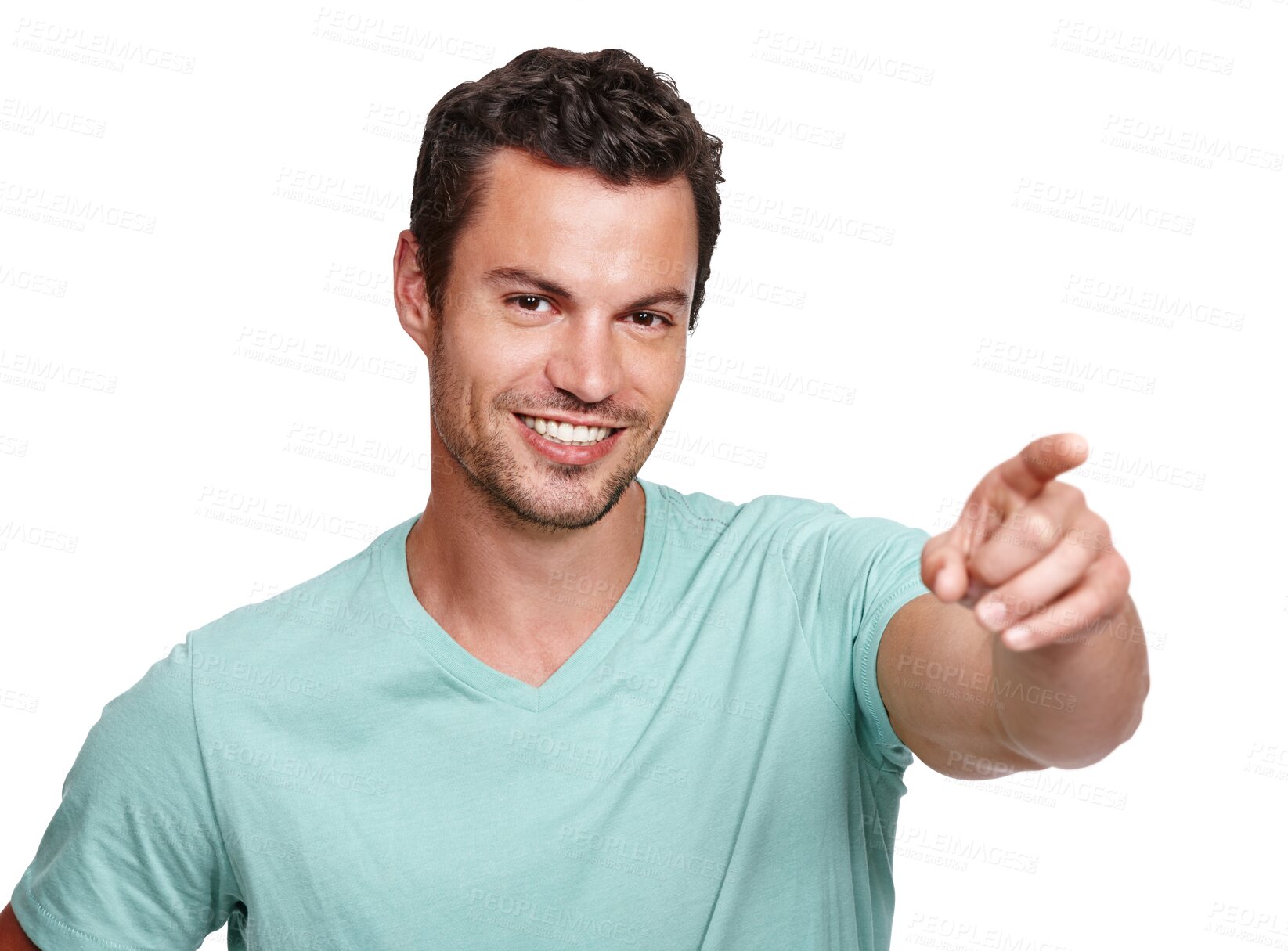 Buy stock photo Man, portrait and finger pointing with smile, happiness or sign for direction by png background. Isolated male model, young and happy with excited face for suggestion, idea and point index for review