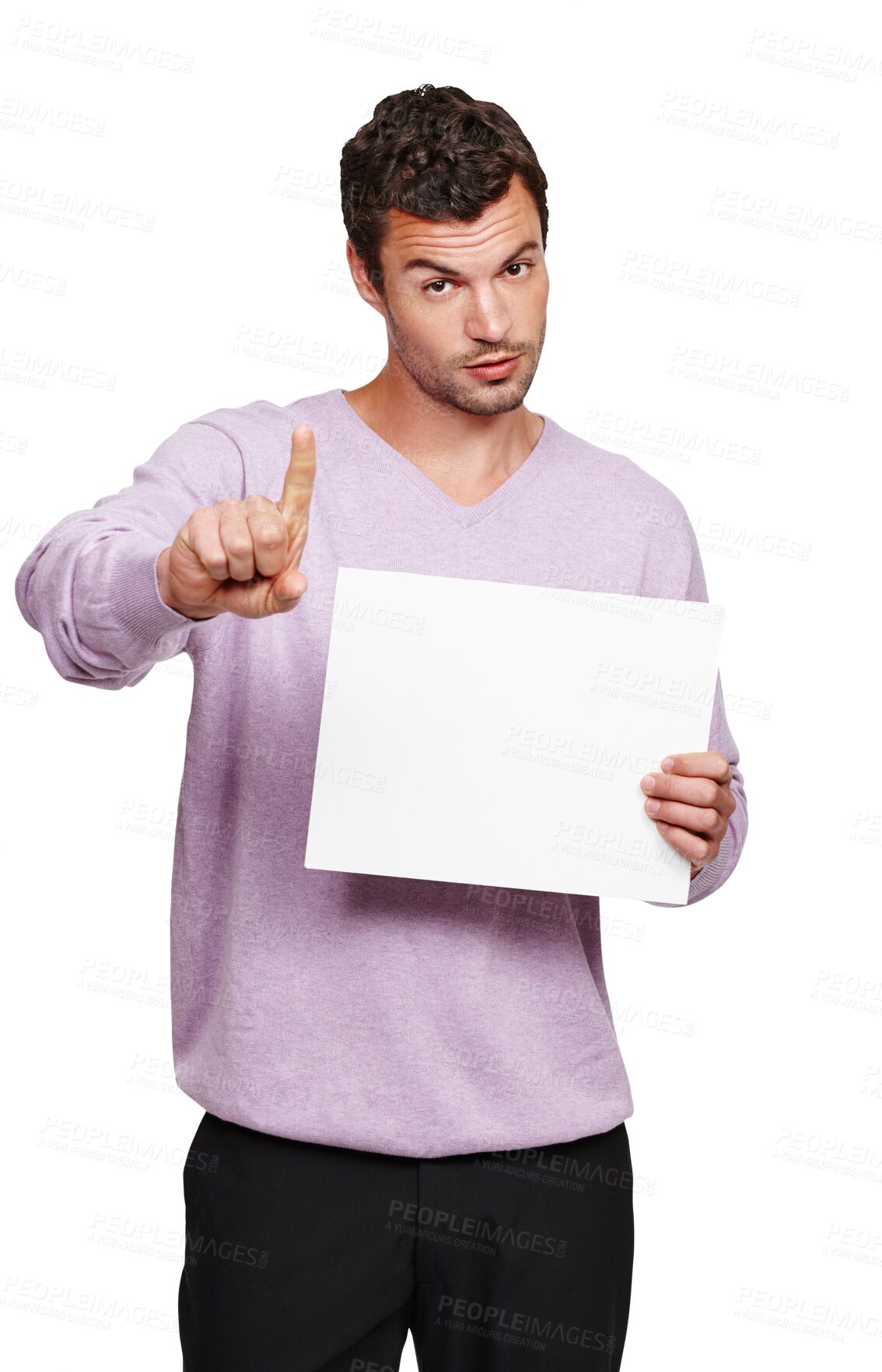 Buy stock photo Man, portrait and blank billboard for sign, opinion or warning with mock up space by png background. Young male model, isolated or poster for disapprove, vote or mockup for logo, bad review or promo