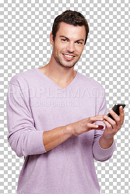 Buy stock photo Smile, phone and portrait of a man on social media or typing on a smartphone to search internet or web. Happy male person using mobile communication isolated in a transparent or png background