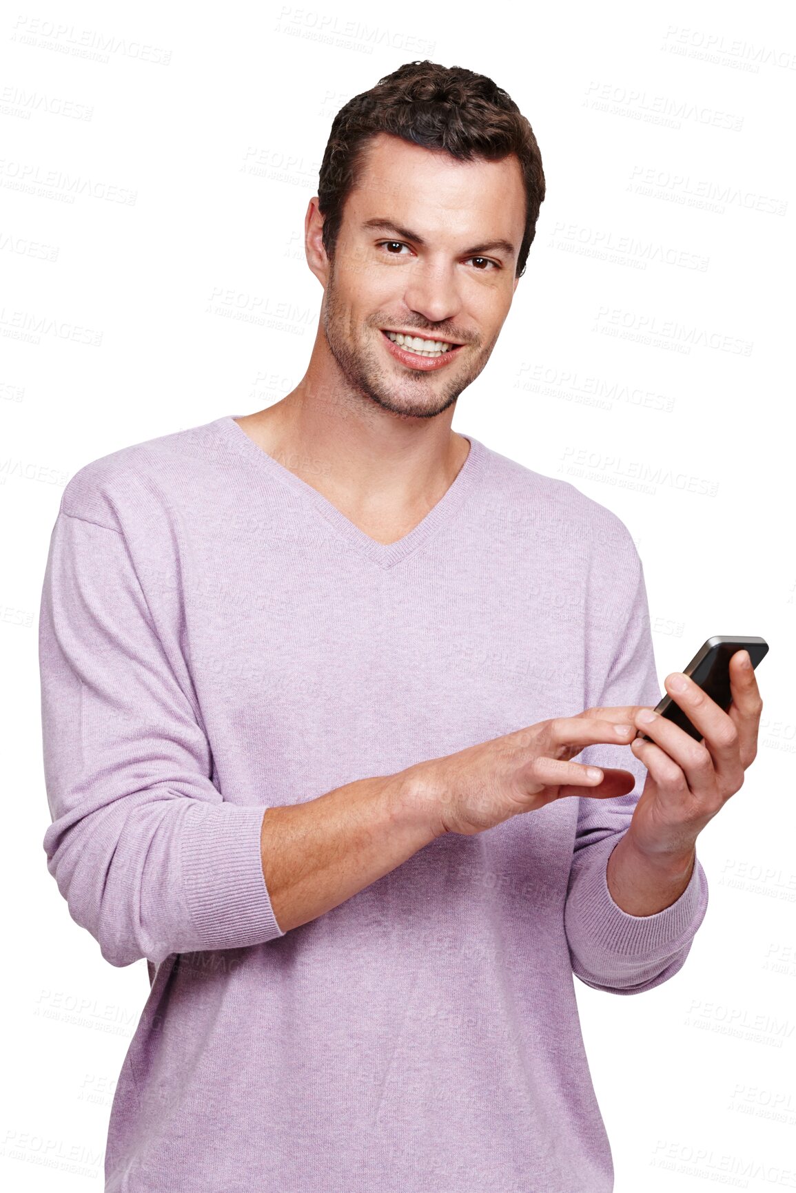 Buy stock photo Smile, phone and portrait of a man on social media or typing on a smartphone to search internet or web. Happy male person using mobile communication isolated in a transparent or png background