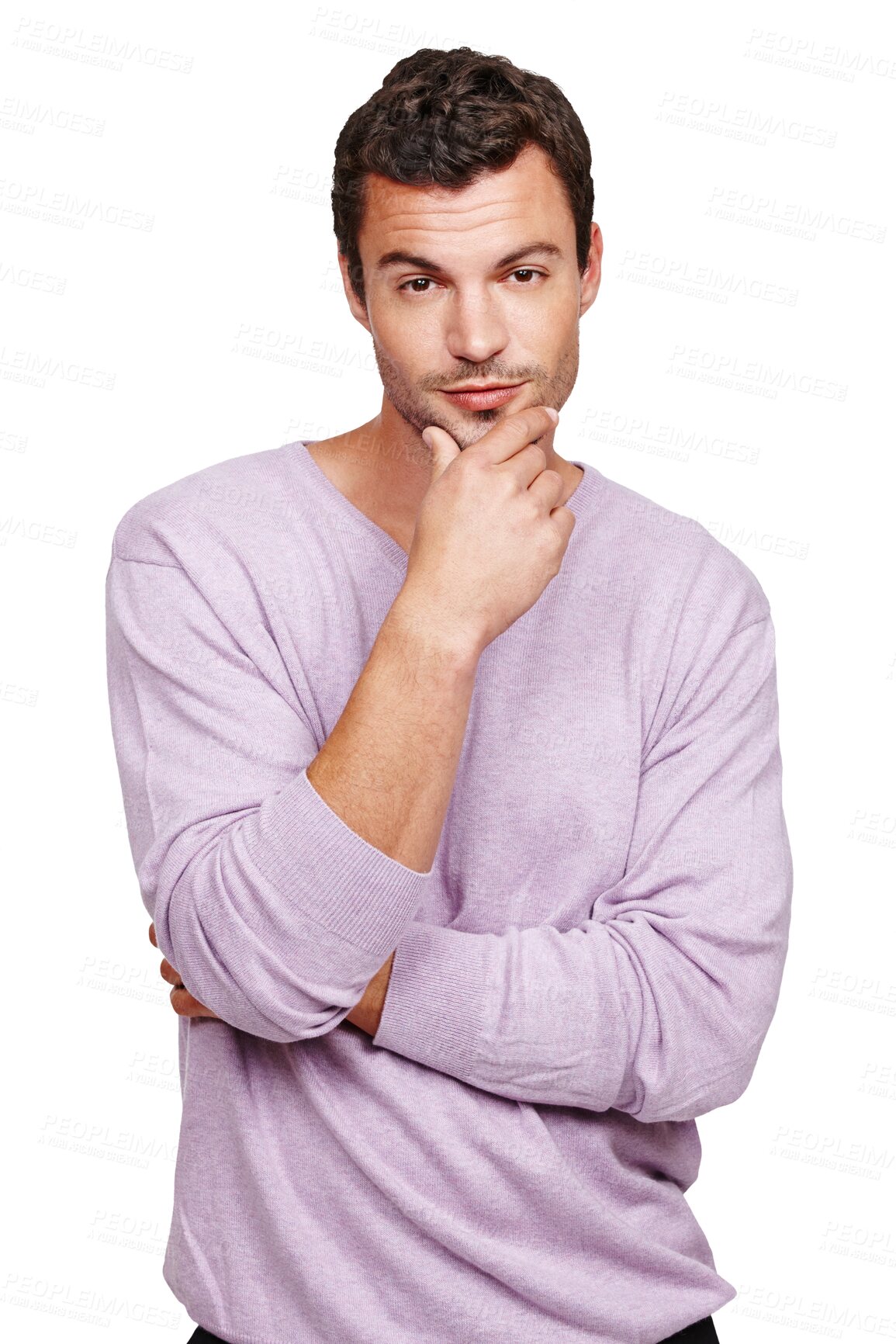 Buy stock photo Fashion, confident and portrait of man with attitude on png, isolated and transparent background. Thinking, confidence and male model with wondering, ideas and thoughtful expression in trendy clothes