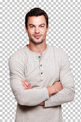 Buy stock photo Isolated man, arms crossed and portrait in confidence, mindset and casual fashion by transparent png background. Young male model, student and happy smile with pride, clothing and relax youth face