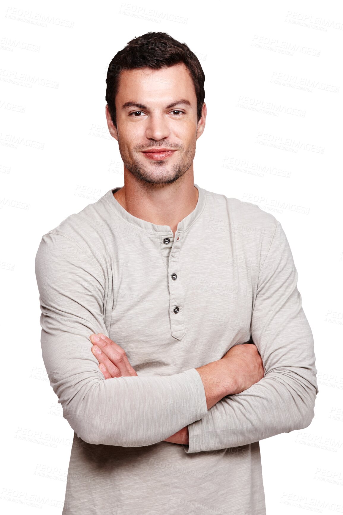 Buy stock photo Isolated man, arms crossed and portrait in confidence, mindset and casual fashion by transparent png background. Young male model, student and happy smile with pride, clothing and relax youth face