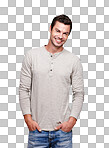 A Portrait, fashion and cool with a man model  looking happy. Smile, casual and modern with a handsome male posing in contemporary clothes for trendy style isolated on a png background