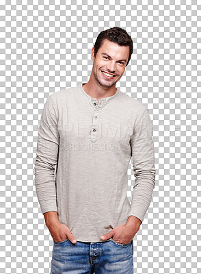 A Portrait, fashion and cool with a man model looking happy. Smile, casual and modern with a handsome male posing in contemporary clothes for trendy style isolated on a png background