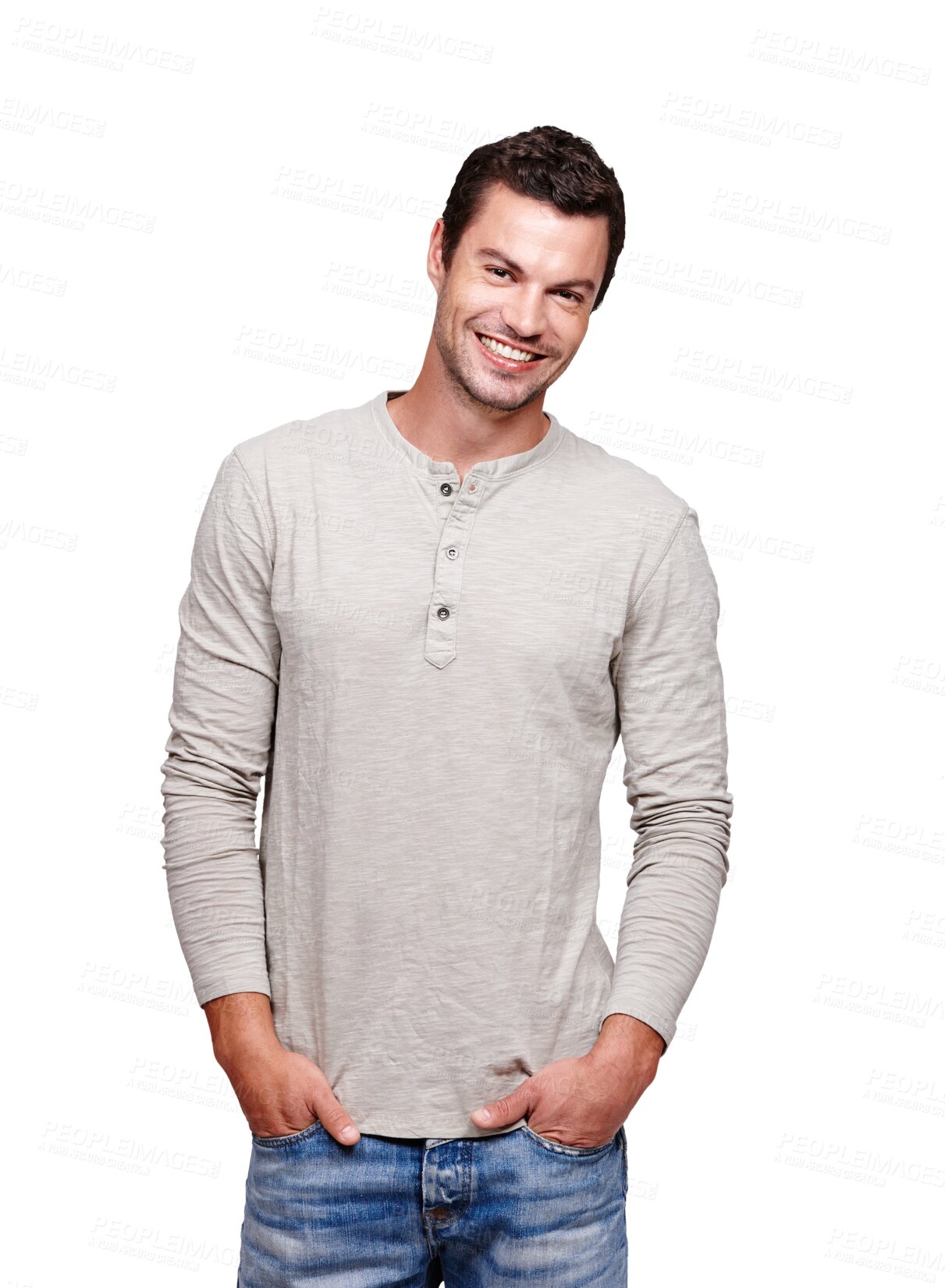 Buy stock photo Portrait, man and hands in pocket isolated on transparent, png background for cool, trendy or casual style of fashion. Happy, handsome person or mode wearing jeans and top with clothes for confidence