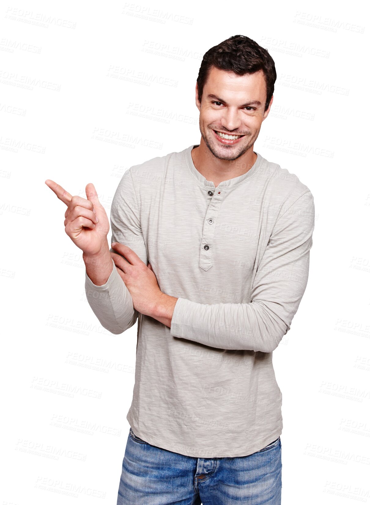 Buy stock photo Logo, happy and portrait of man pointing finger at mockup space isolated in a transparent png background. Smile, announcement and male person from France with hand sign showing promotion or brand