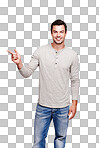 A Man, and portrait while pointing finger at space for advertising. Happy male model from France with hand sign for promotion, announcement and brand product isolated on a png background