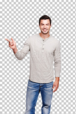 Buy stock photo Promo, happy and man pointing at deal or space with hand gesture isolated in a transparent png background. Smile, announcement and portrait of male person in France with finger sign showing promotion