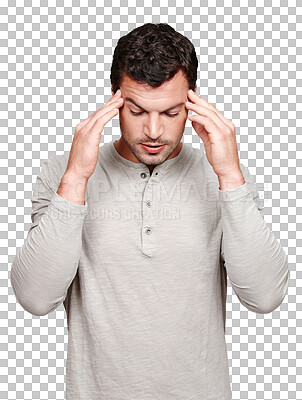 Buy stock photo Stress, headache and man with pain isolated on transparent png background for migraine, burnout or mental health risk. Brain fog, anxiety or confused person massaging temple, mind problem and fatigue