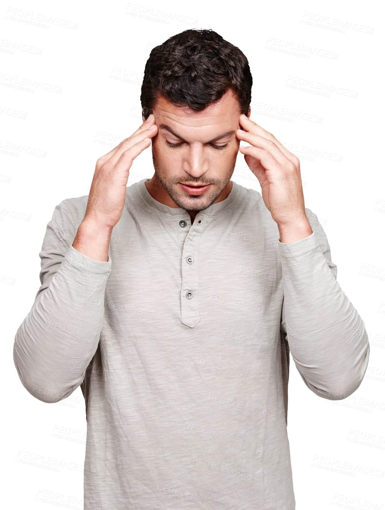 Buy stock photo Stress, headache and man with pain isolated on transparent png background for migraine, burnout or mental health risk. Brain fog, anxiety or confused person massaging temple, mind problem and fatigue