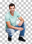 A Happy, smile and portrait of a man with a casual, stylish and cool trendy outfit. Handsome and male model with natural fashion clothes crouching while isolated on a png background