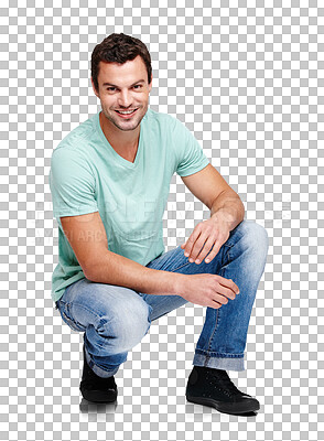 Buy stock photo Happy, smile and portrait of a man with fashion, stylish and cool trendy clothes. Handsome, confident and a male model in clothing for fashionable style isolated on a transparent png background