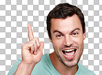 A Portrait, excited and mockup with a man for marketing or advertising. Face, pointing and mock up with a happy male posing on blank product placement space isolated on a png background