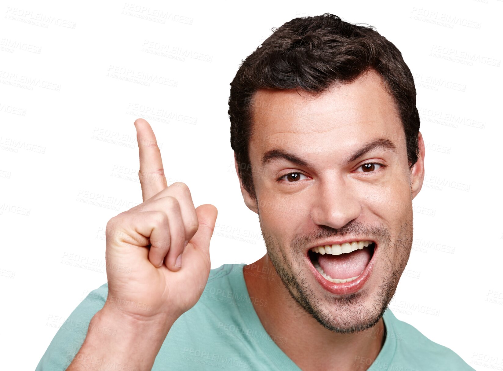 Buy stock photo Announcement, happy and face of man pointing at information isolated in a transparent png background. Smile, promo and male person feeling excited making hand sign showing promotion or brand