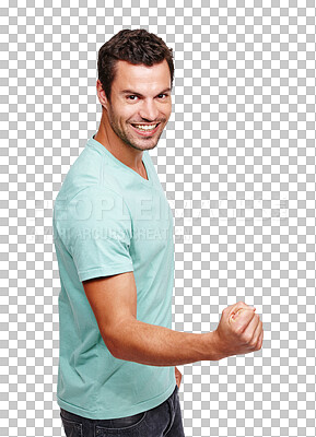 Buy stock photo Man, portrait and fist celebration with smile, happiness or winner with hand sign by png background. Isolated male model, young and happy with winning, yes and excited face for bonus, profit or news