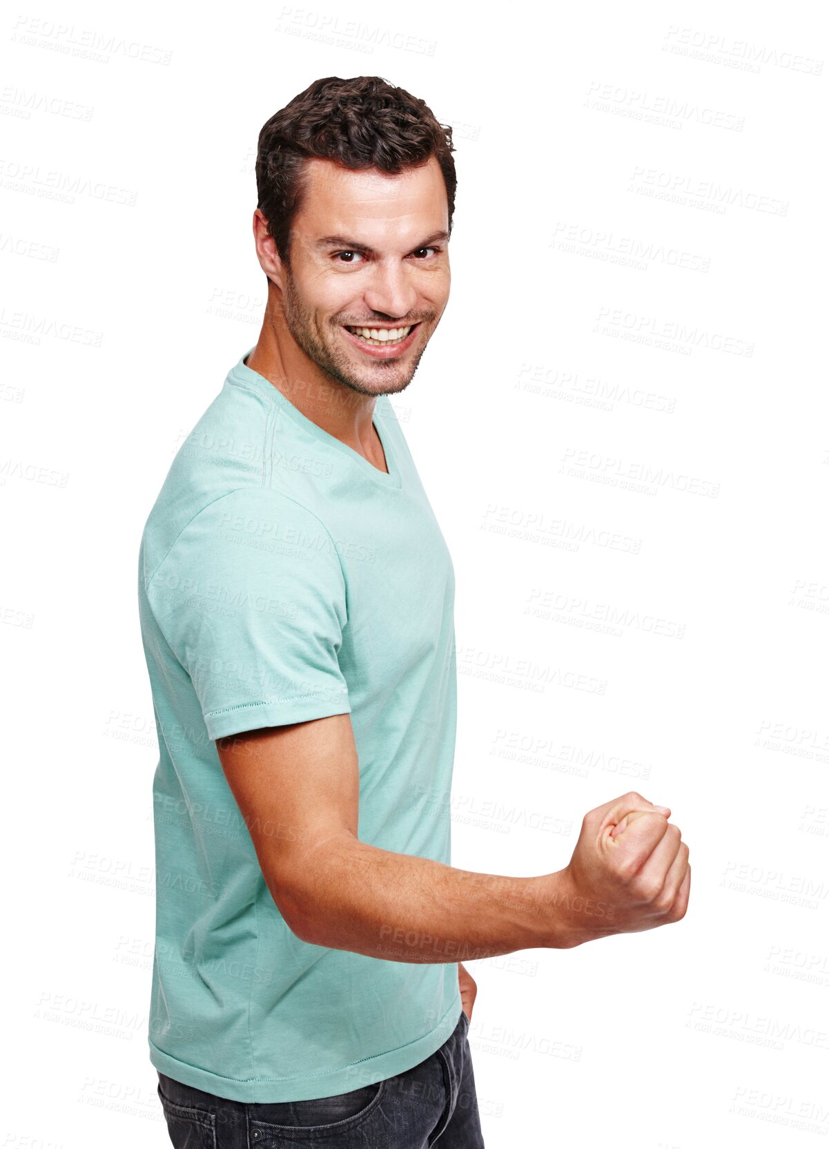 Buy stock photo Man, portrait and fist celebration with smile, happiness or winner with hand sign by png background. Isolated male model, young and happy with winning, yes and excited face for bonus, profit or news