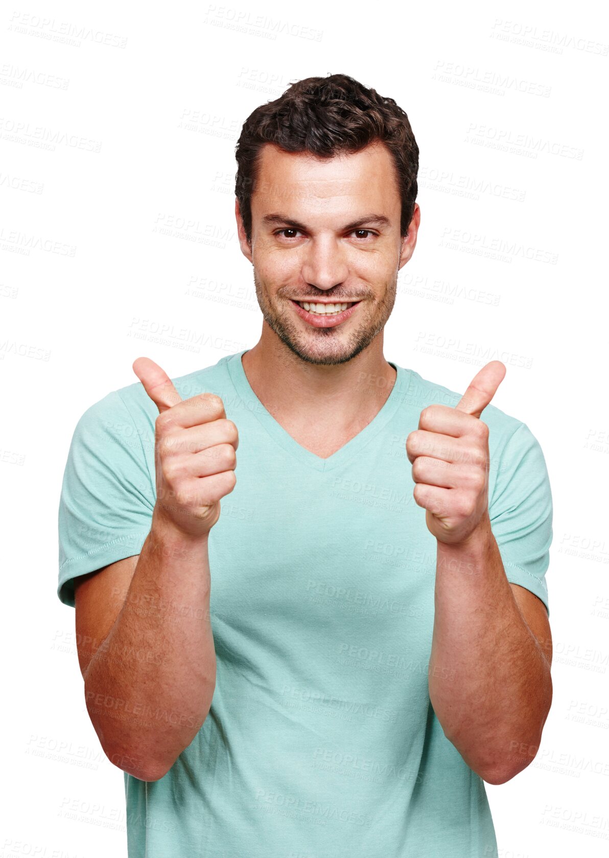 Buy stock photo Success portrait, thumbs up and man isolated on transparent, png background for thank you, support or like. Happy winner or casual person with yes, ok and winning sign or thanks and good luck emoji