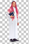A Portrait, Islamic man and books for education, knowledge and guy. Muslim, male and student with journals, smile and confident for studying, learning and university isolated on a png background
