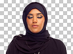 A Islamic woman, portrait and hijab with closed eyes for religious fashion, culture and focus mindset. Muslim girl, face and religion head scarf and Arabic beauty isolated on a png background