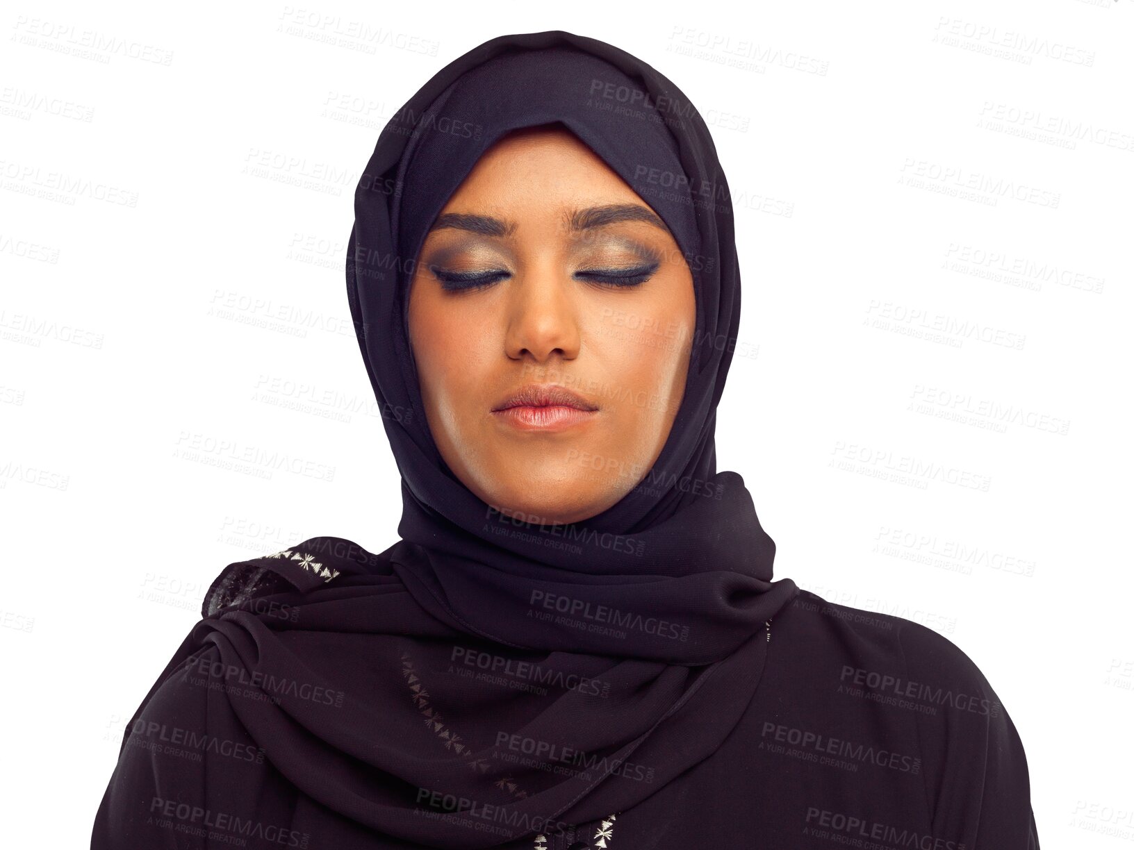 Buy stock photo Muslim, Islamic and face of woman with makeup in a hijab closed eyes for calm mind, isolated on a transparent png background. Mindfulness, skincare and female person for cosmetic beauty and self care