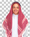 A Portrait, man and muslim with Arabic scarf, smile and happy. Faith, Islam with Islamic or Arab culture, positive mindset with vision, pride in tradition or religion isolated on a png background