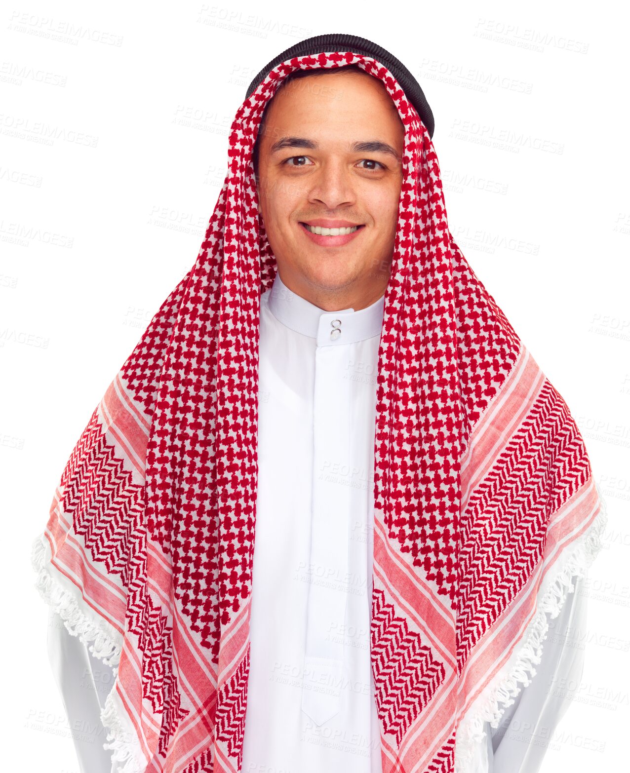 Buy stock photo Muslim, Islamic and portrait of a happy man with smile in an Arabic scarf isolated in a transparent png background. Faith, Islam, and Arab male person excited for culture, religion and Ramadan