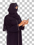 Muslim, phone and social media with an islamic woman in studio isolated on a png background for communication or networking. Contact, internet and islam with a female typing a text message or online post