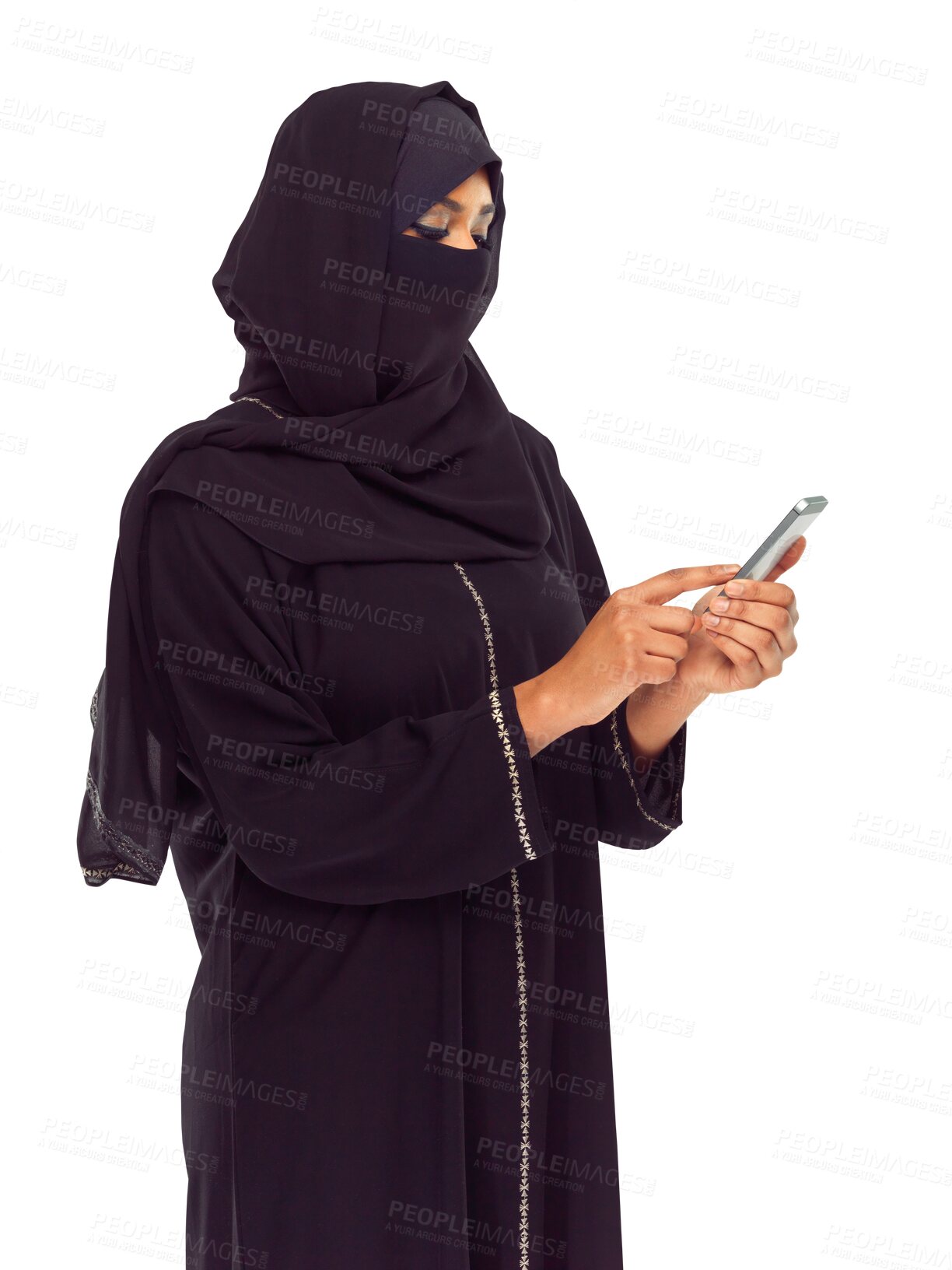 Buy stock photo Phone, social media and Arab woman isolated on transparent, png background for networking or reading news. Muslim person in hijab or niqab with mobile app, internet chat or online blog for fashion