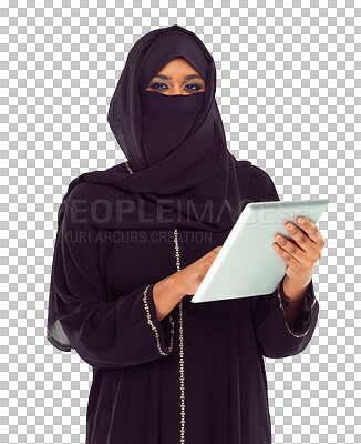 Buy stock photo Tablet, portrait and muslim woman isolated on transparent, png background in islamic research on internet or web. Arabic person in hijab with digital technology for online news, culture and religion