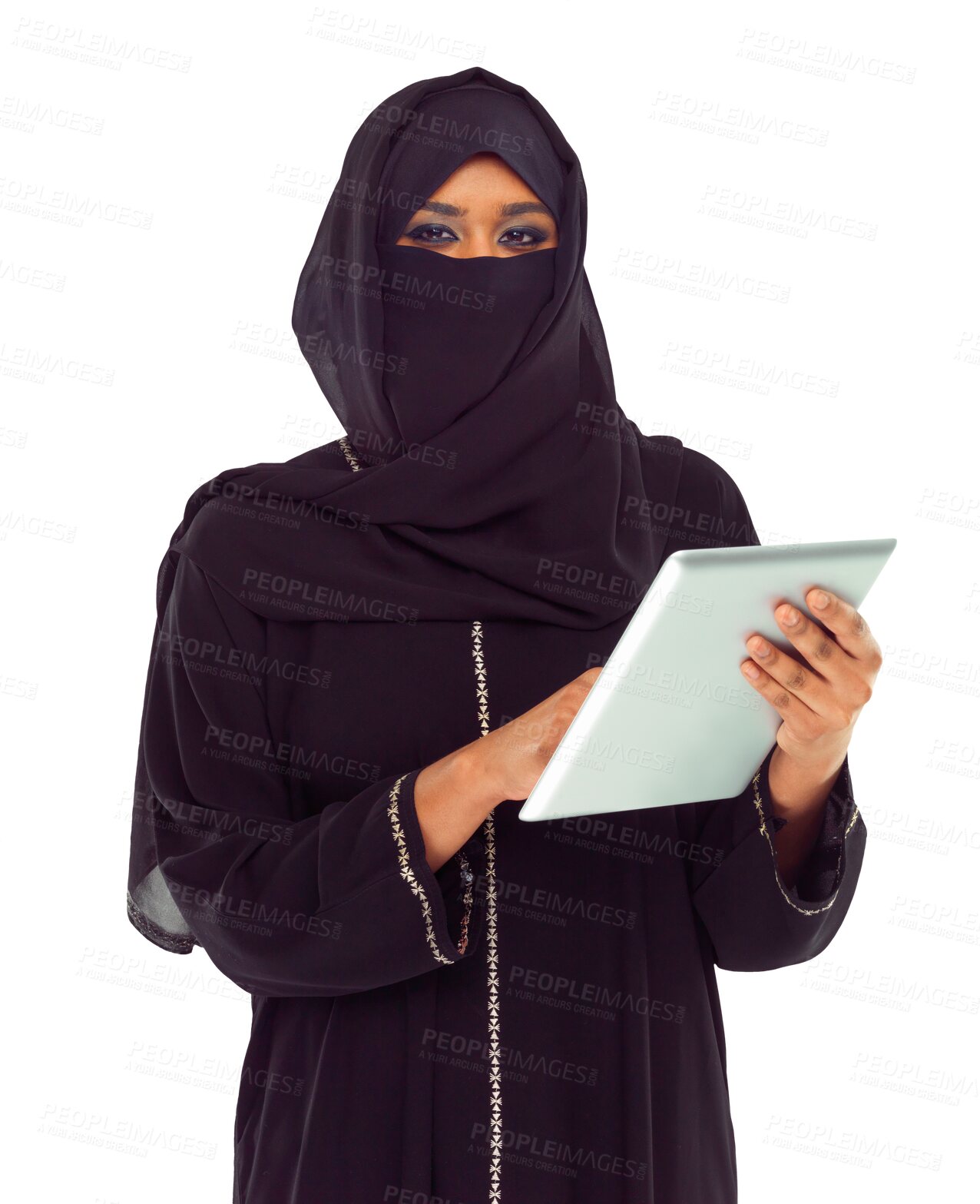 Buy stock photo Tablet, portrait and muslim woman isolated on transparent, png background in islamic research on internet or web. Arabic person in hijab with digital technology for online news, culture and religion