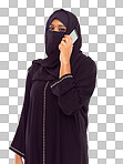 Muslim woman on a phone call in studio global, international communication of culture and design. Islam, arabic and traditional model talking on smartphone for networking isolated on a png background