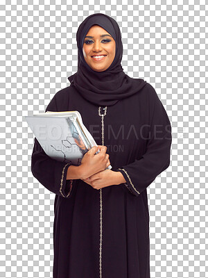 Buy stock photo Muslim, woman and books in portrait for religion, study and smile for learning by transparent png background. Isolated islamic model, girl and notebook for education, studying and happiness in hijab