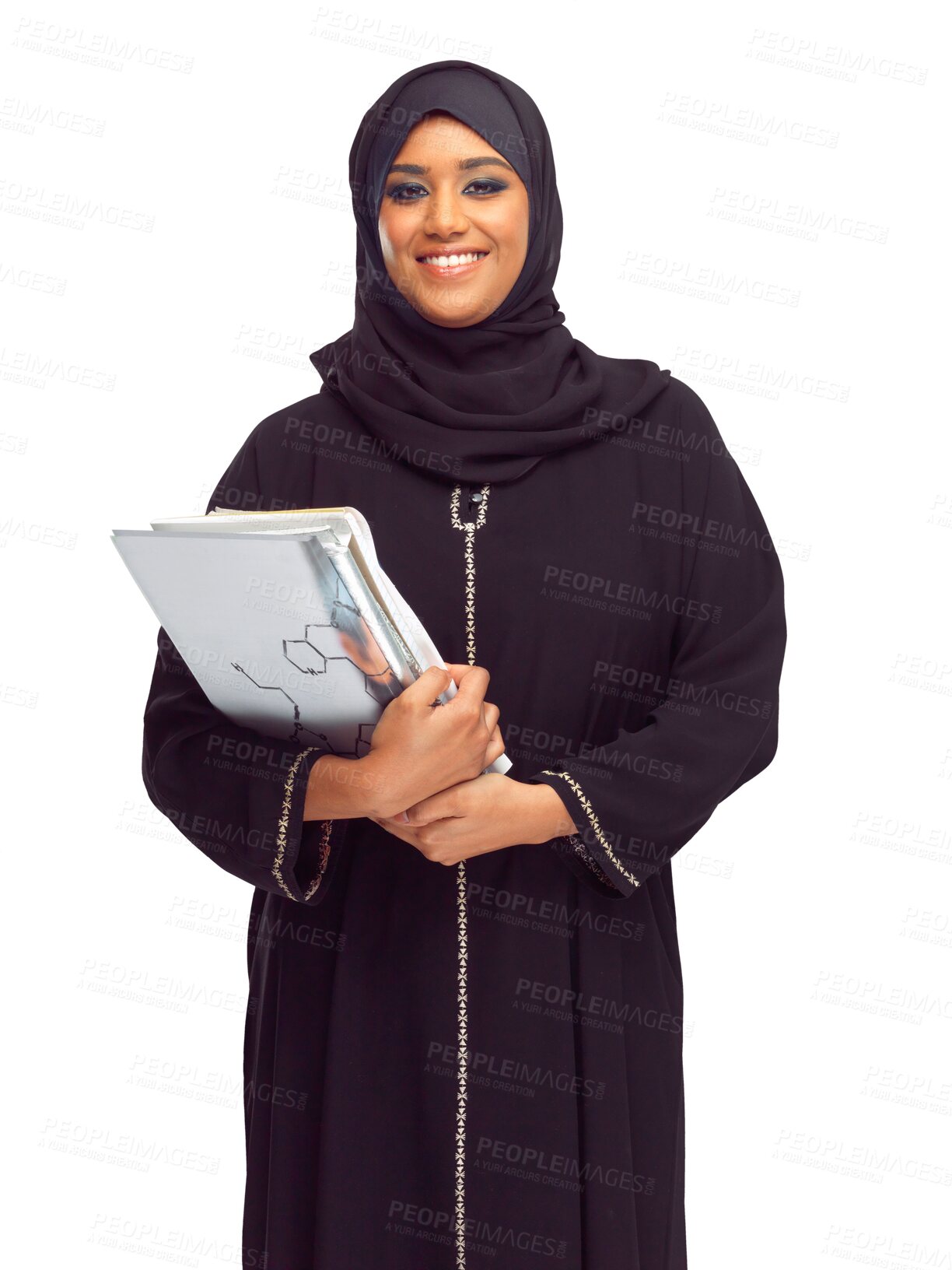 Buy stock photo Muslim, woman and books in portrait for religion, study and smile for learning by transparent png background. Isolated islamic model, girl and notebook for education, studying and happiness in hijab