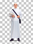 A muslim man, islamic clothes and standing for religious studying, worship or spiritual happiness in white background. Arabic student, happy and religion fashion or culture isolated on a png background