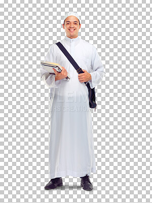 Buy stock photo Muslim, books and portrait of man with bag on isolated, png and transparent background. University, religious college and happy Islamic male student with textbook for knowledge, studying and learning