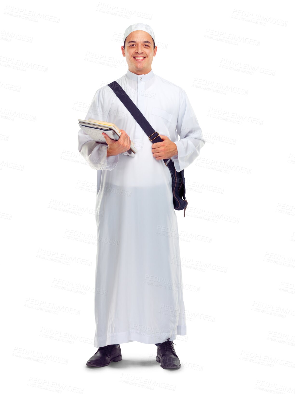 Buy stock photo Muslim, books and portrait of man with bag on isolated, png and transparent background. University, religious college and happy Islamic male student with textbook for knowledge, studying and learning