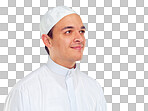 Islam, culture and portrait of muslim man with smile on face in ramadan isolated on a png background. Youth, spiritual wellness and religion, happy Islamic scholar in white from Saudi Arabia in studio