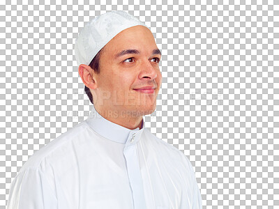 Buy stock photo Islam, culture and muslim man with smile on face in ramadan isolated on a transparent png background. Young spiritual wellness and religion, happy Islamic male scholar in white from Saudi Arabia