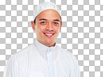Portrait, muslim and religion with an islamic man in studio isolated on a png background for faith, belief in god or devotion. Eid, worship and ramadan with a male arab fasting in holy tradition or culture