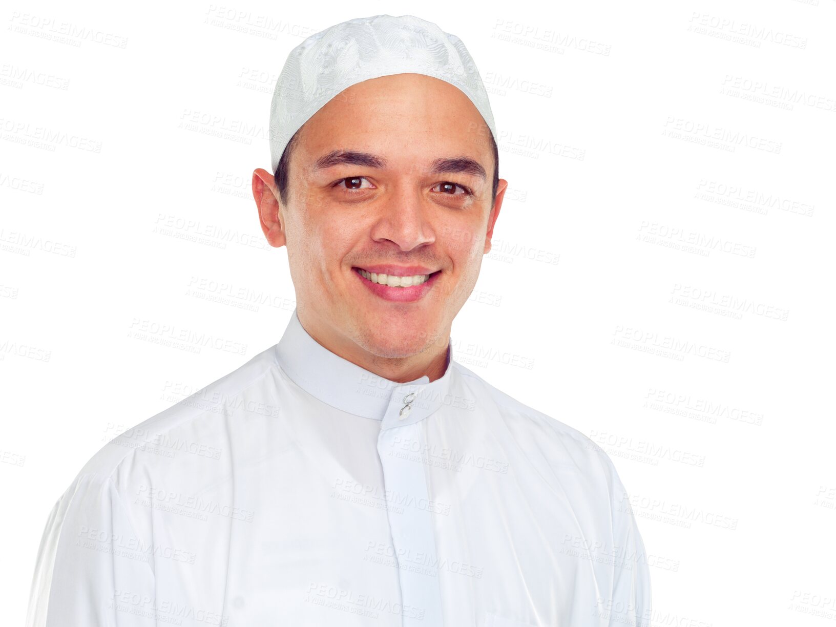Buy stock photo Portrait, muslim and religion of islamic man with smile isolated on a transparent png background. Faith, belief in god or devotion to Eid, worship or ramadan of male arab in holy tradition or culture