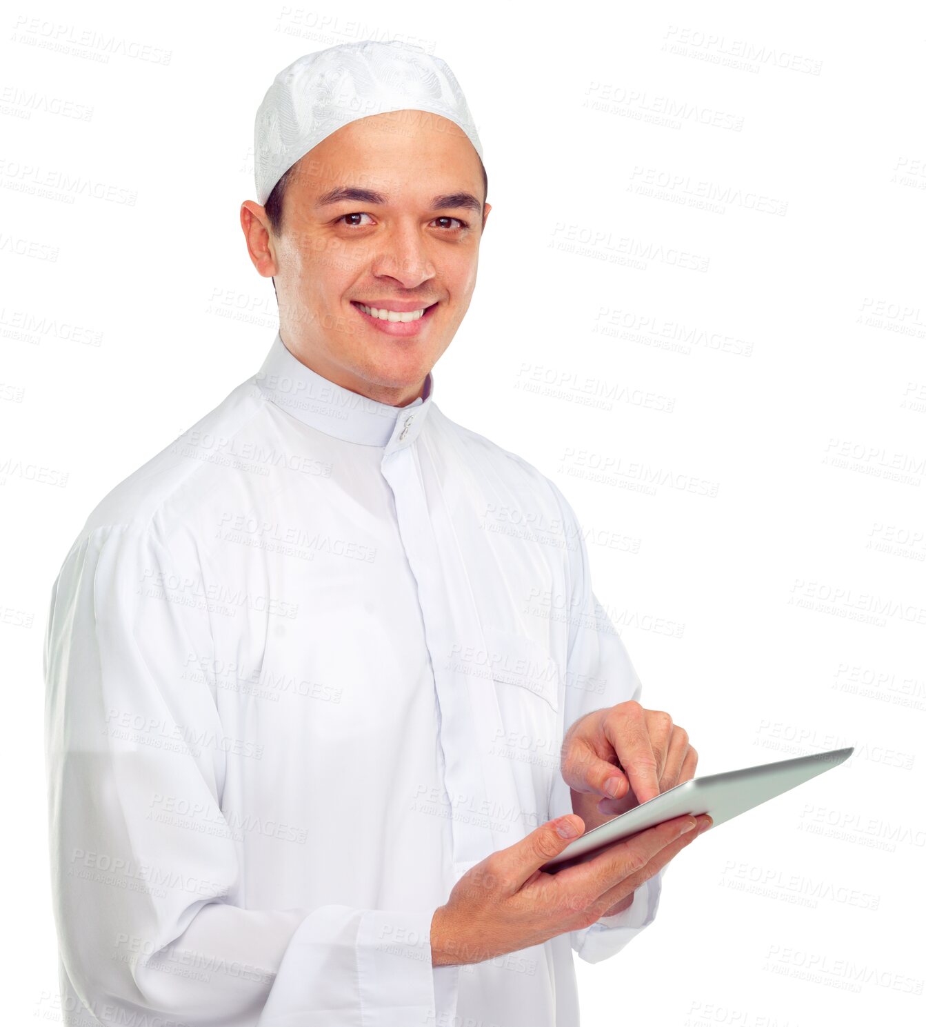 Buy stock photo Happy, tablet and portrait of muslim man on png background for digital, technology and Islamic website. Smile, religion and internet with arabic male isolated on transparent for research and media
