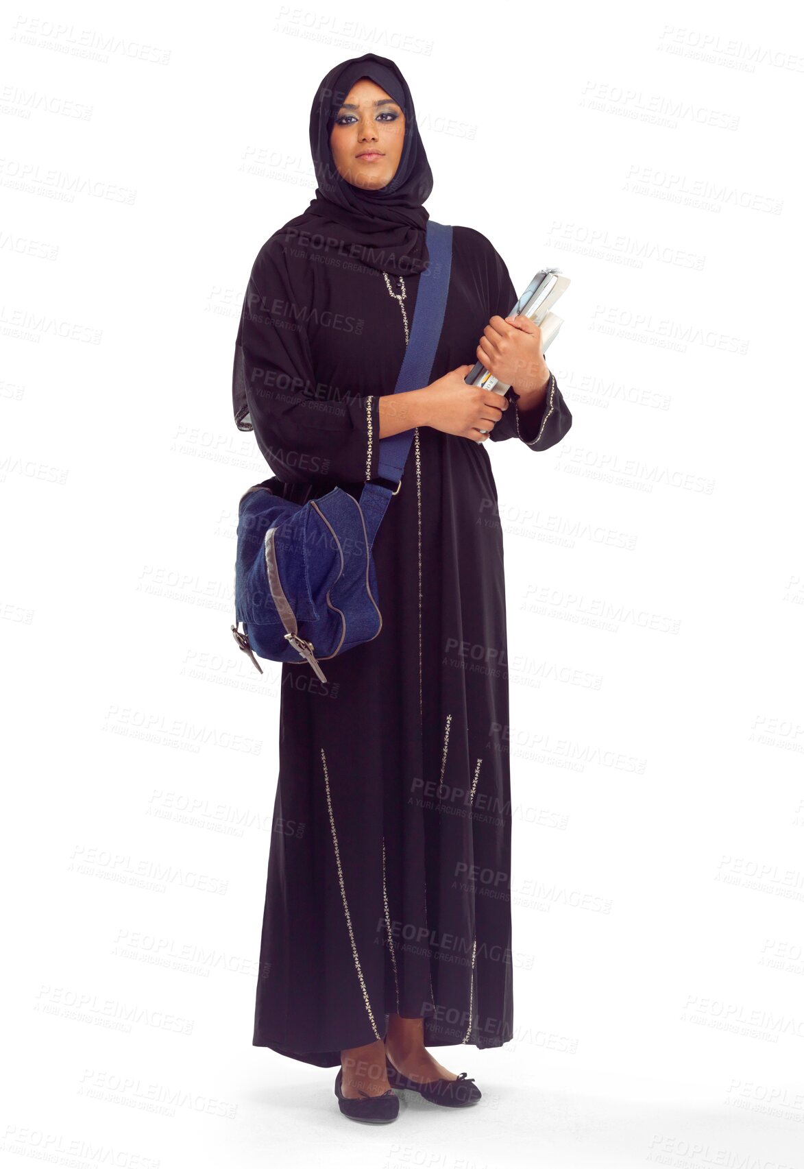 Buy stock photo University, books and portrait of Muslim woman for education on isolated, png and transparent background. College, learning and Islamic female student with textbook for knowledge, studying and lesson