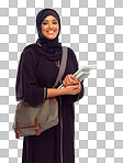 A Portrait, muslim and study with a student woman holding books  for learning or education. Islam, university and an islamic female at college campus on a scholarship isolated on a png background