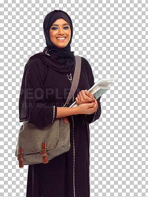 Buy stock photo Education, university and portrait of Muslim woman with books on isolated, png and transparent background. College, learning and Islamic female student with textbook for knowledge, studying or lesson