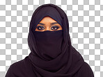 A Beauty, eyes and woman with a niqab  for religion, islamic culture and empowerment. Islam, cosmetic and portrait of muslim female model with a traditional hijab isolated on a png background