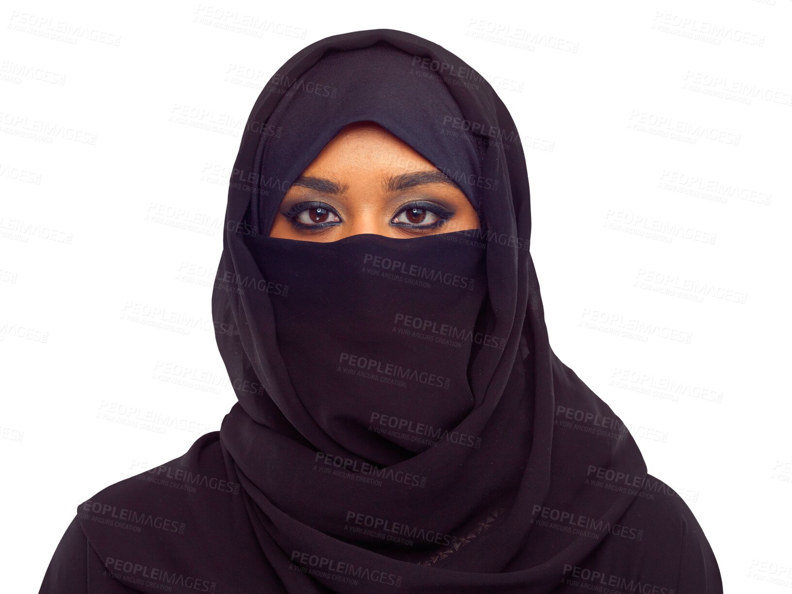 Buy stock photo Muslim, woman and hidden face in hijab for religion, culture or tradition for modesty by png background. Islamic model, isolated and show eyes with makeup, beauty or clothes for faith, worship or eid