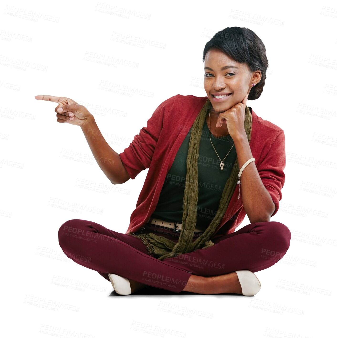 Buy stock photo Happy, smile and portrait of woman pointing her finger with a hipster, stylish or casual outfit. Happiness, chill and model sitting on floor with point gesture isolated by transparent png background.