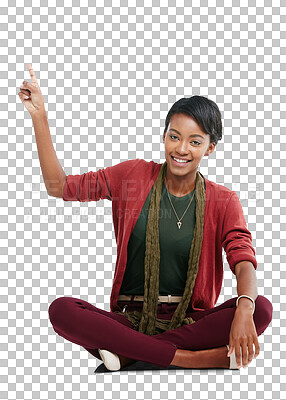 Buy stock photo Black woman, portrait and pointing of a young college student showing a promotion. Happiness, smile and African model with hands gesture for cool fashion sales isolated on transparent png background