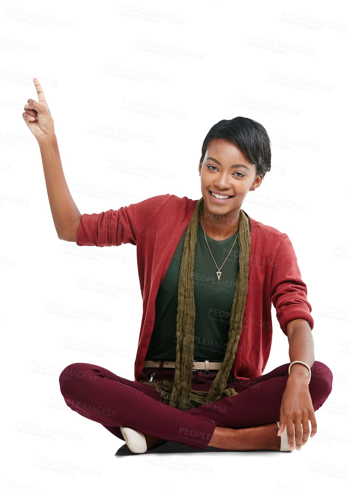 Buy stock photo Black woman, portrait and pointing of a young college student showing a promotion. Happiness, smile and African model with hands gesture for cool fashion sales isolated on transparent png background